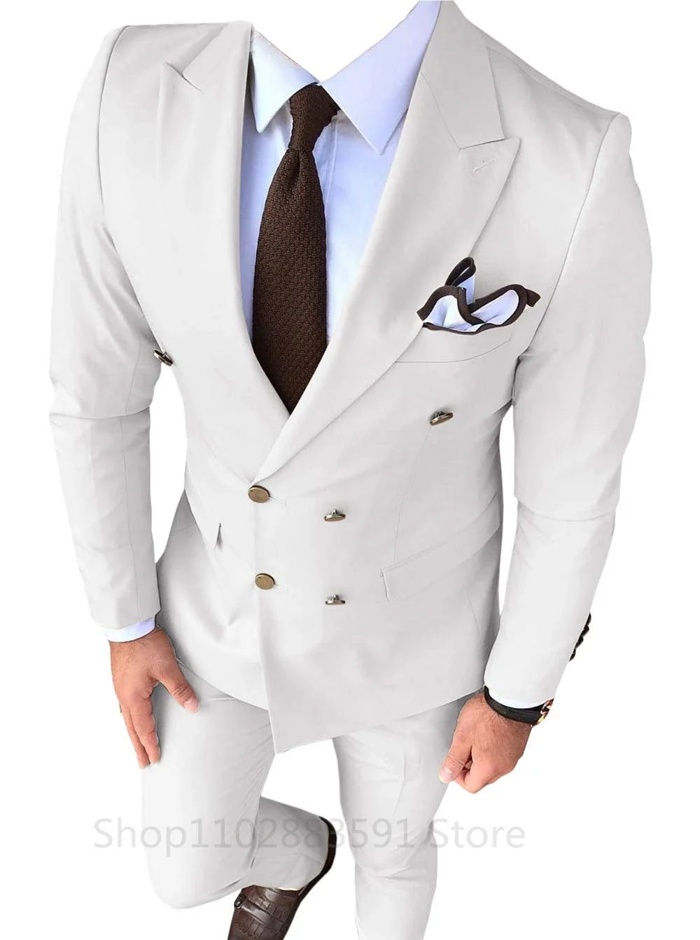 New Solid Men's Suit 2 Pieces Double-breasted Peak Lapel Slim Fit Casual Tuxedos For Wedding/Business 2 Piece Blazer+Pant