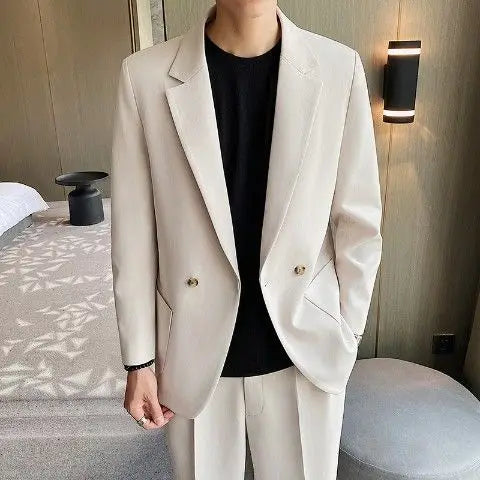 Men's Spring Autumn Casual Blazer Set Korean Slim Fit Lightweight Loose Smart Chic Suit Jacket Fashion Trendy Top
