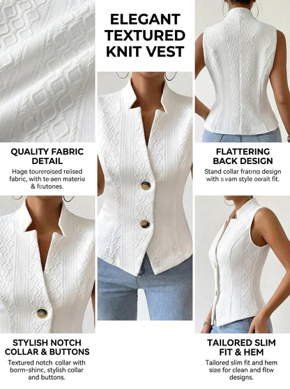 Women's Elegant V-Neck Sleeveless Blazer Vest Solid White Textured Button-Down Slim Fit Waistcoat Top
