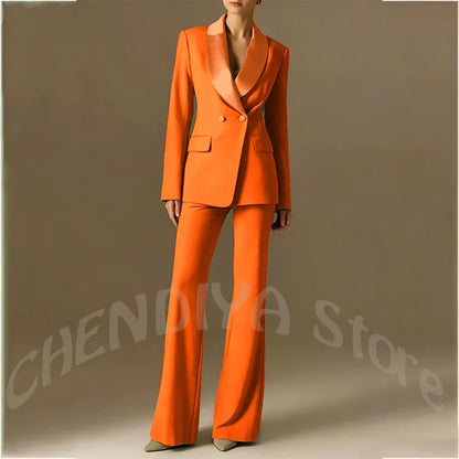 Classic Shawl Lapel Suit For Women Elegant Double Breasted Outfit Solid Color Two Piece Straight Modern Style Office Wear