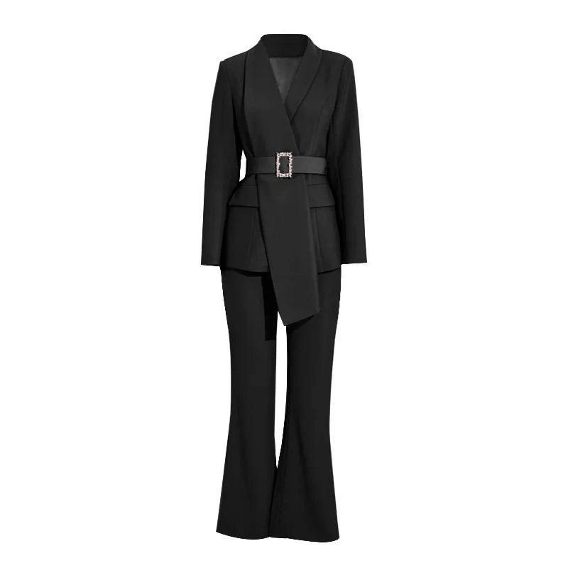 High Quality Women Belt Business Attire blazers Trousers Suits Set 2 Piece Elegant Slim Fit Pink Formal Office Lady Blazer Suits