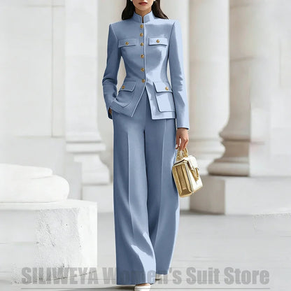 Women's Ivory Suit Mandarin Collar 2 Piece Military Style Gold Buttons Blazer Wide Leg Pants Wedding Party Prom Lady Suits