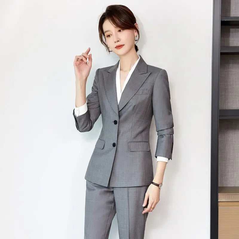 Gray/Navy Blue Women Fashion Long Sleeve Suit Jacket Pants Set Two Piece Set High Quality Temperament Women'S 2 Piece Set