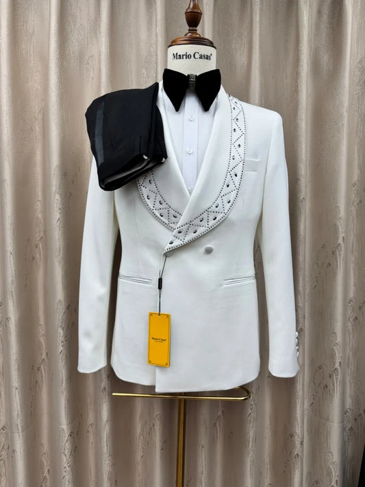 White Luxurious Men's Suits 2 Pieces Jacket Pants Wedding Party Wear Double Breasted Beaded Man Suit Set Birthday Tuxedo S-3XL