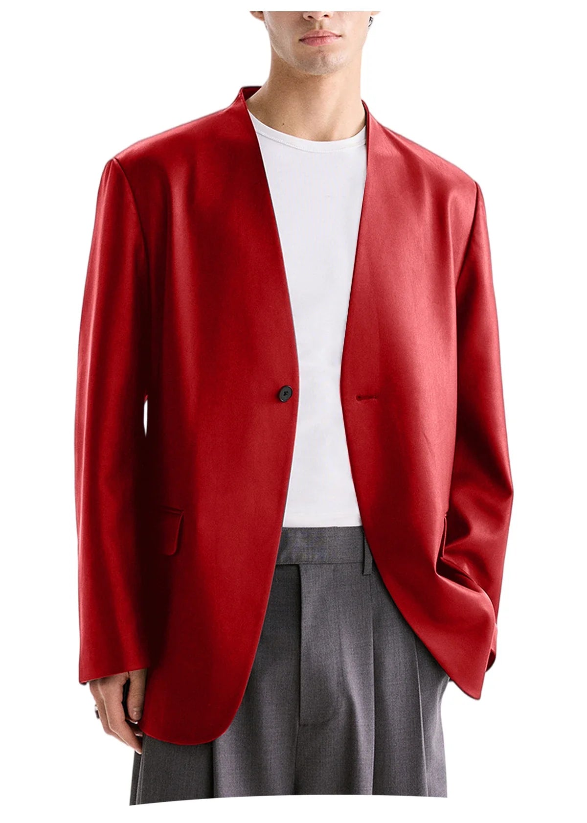 Men's PU Leather Collarless Blazer Single Button Loose Fit Jacket for Wedding Party Office