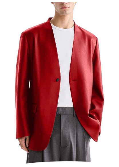 Men's PU Leather Collarless Blazer Single Button Loose Fit Jacket for Wedding Party Office