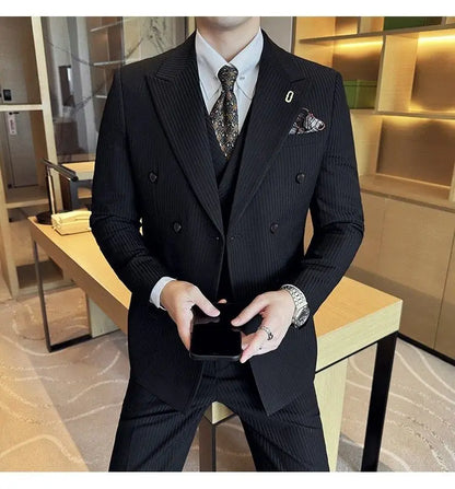 Korean Slim Fitt Wedding Suit Fashion Striped Double Breasted Suit 3 Piece Set Business Formal Casual Party Prom Host Suits