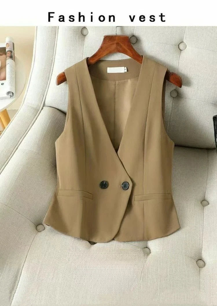 Women's Streetwear Fashion Double Breasted Suit Vest Casual Elegant Short Vest Office Ladies Waistcoat Female Sleeveless Jacket
