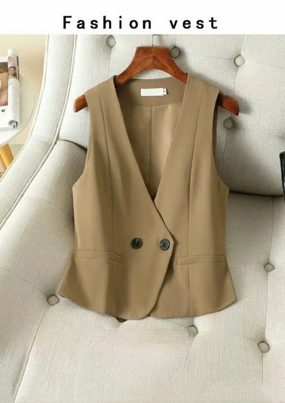 Women's Streetwear Fashion Double Breasted Suit Vest Casual Elegant Short Vest Office Ladies Waistcoat Female Sleeveless Jacket
