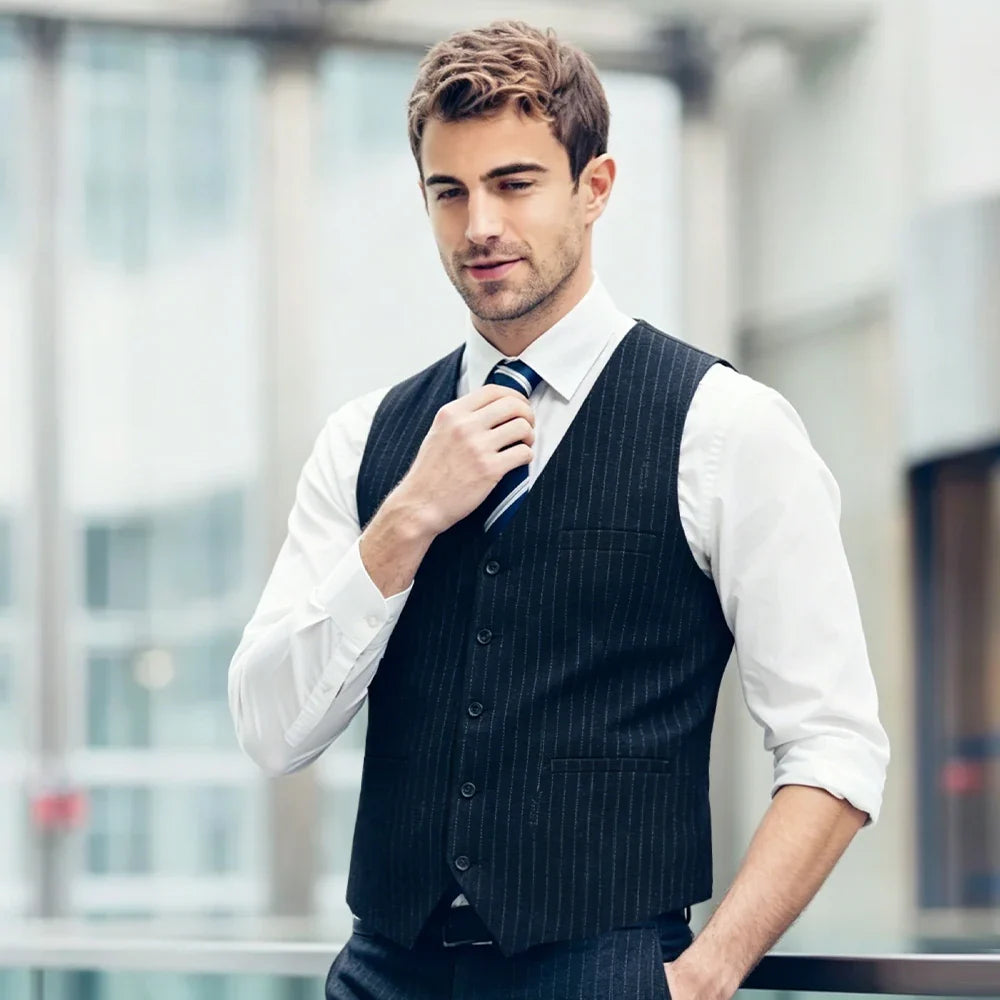 Men's Checkered Vest Single Breasted Waistcoat for Groom Groomsmen Wedding Black