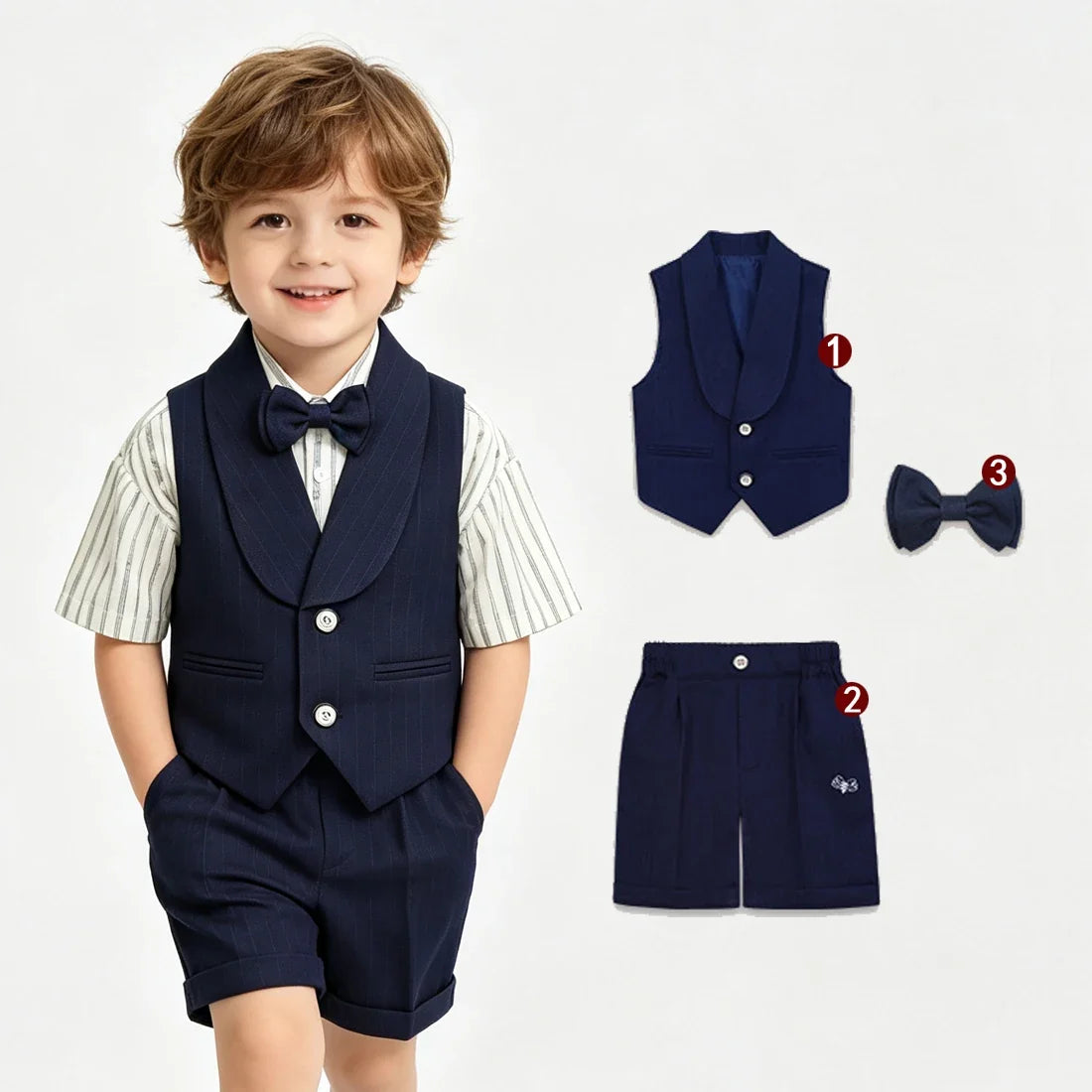 3Pcs Toddler Boy Gray Vest Suit Striped Short Sleeve Shirt Bow Tie Shorts Kids Wedding Baptism Birthday Gentleman Formal Outfit