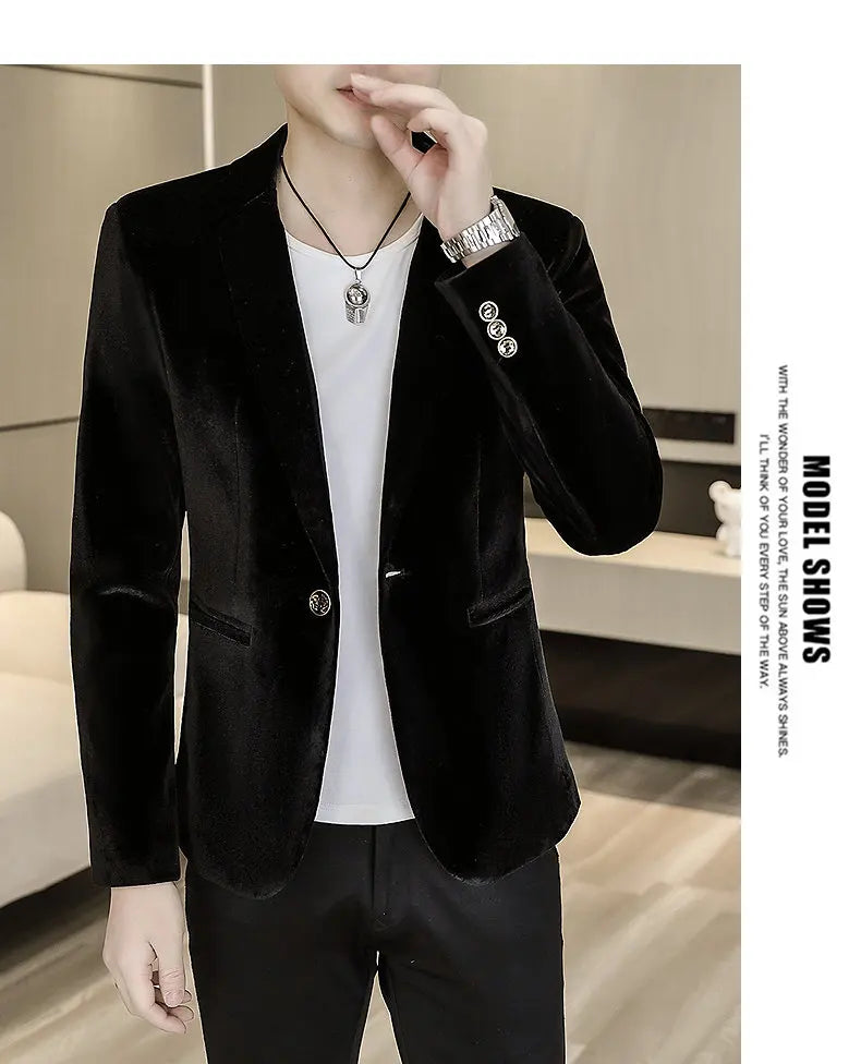 Blazer: An Outdoor Fashion Business Gentleman Wedding Host Slim-fit Casual Korean-style Youthful Men's Golden Velvet Blazer