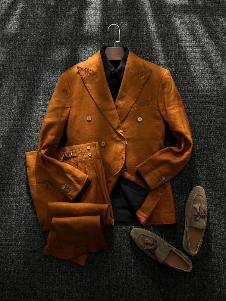Men's Double-Breasted Linen Suit – Slim Fit Blazer & Pants Set for Wedding & Business