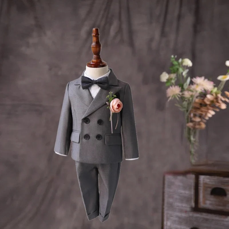 Flower Boys Gray Wedding Suit Set Kids Formal Birthday Photography Outfit Children's Piano Host Performance Costume