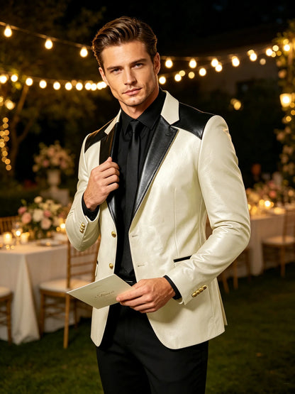PU Leather Men's Suit Blazer Patchwork Style Wedding Groom Tuxedo Formal Office Prom Jacket High Quality Business Casual Coat