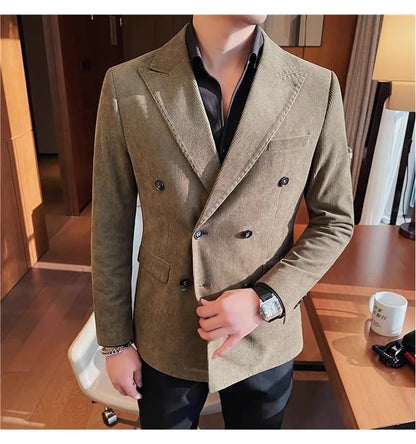 Autumn Winter Corduroy Suit Jacket Purple Man Suit Coat Solid color Double breasted slim fit Suit Man tops