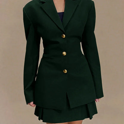 Women's Pleated Skirt Suit Set 2025 2Pieces(Tailored Blazer&High Waist Skirt) Office Chic Single-breasted Notch Lapel Outfit