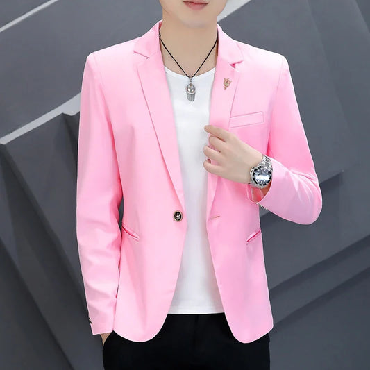 Men's Korean Slim Fit Pink Suit 2025 Fashion Casual Coat Handsome Personality Spring Autumn Trendy Streetwear