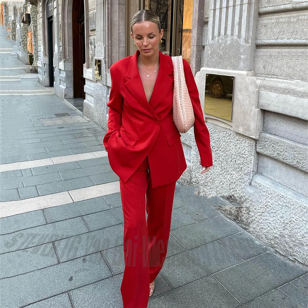 Vibrant Red Women Suit Loose Fit Chic Single Button Notch Lapel Solid Color Outfit Evening Dinner Party Elegant Lady Set 2 Piece