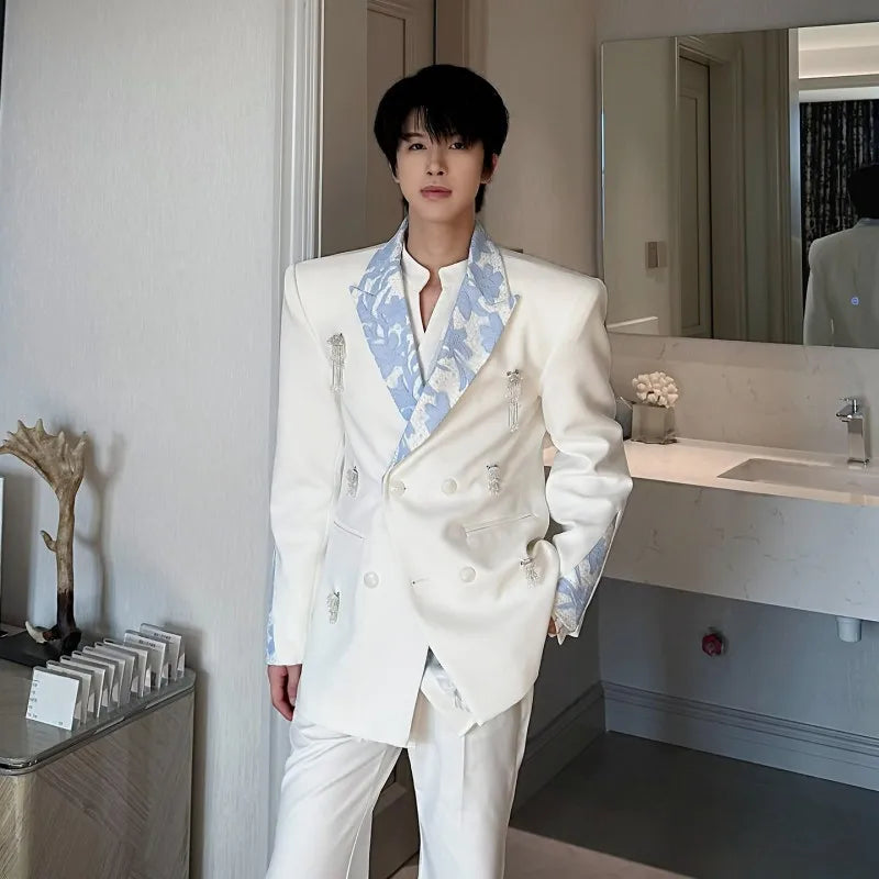 Business Men Work Suit Diamond Tassel Flower Collar Double Breasted Blazer Pants Three Piece Set Loose Fit Gown Dress Suit Sets