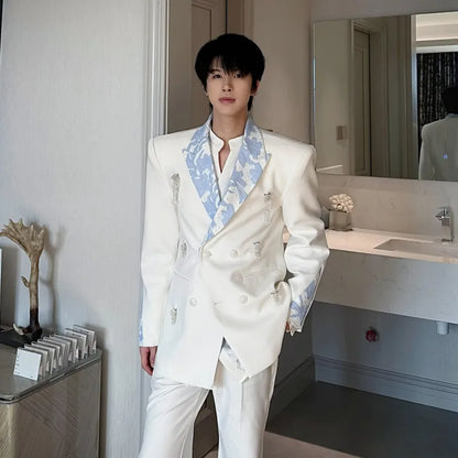 Business Men Work Suit Diamond Tassel Flower Collar Double Breasted Blazer Pants Three Piece Set Loose Fit Gown Dress Suit Sets