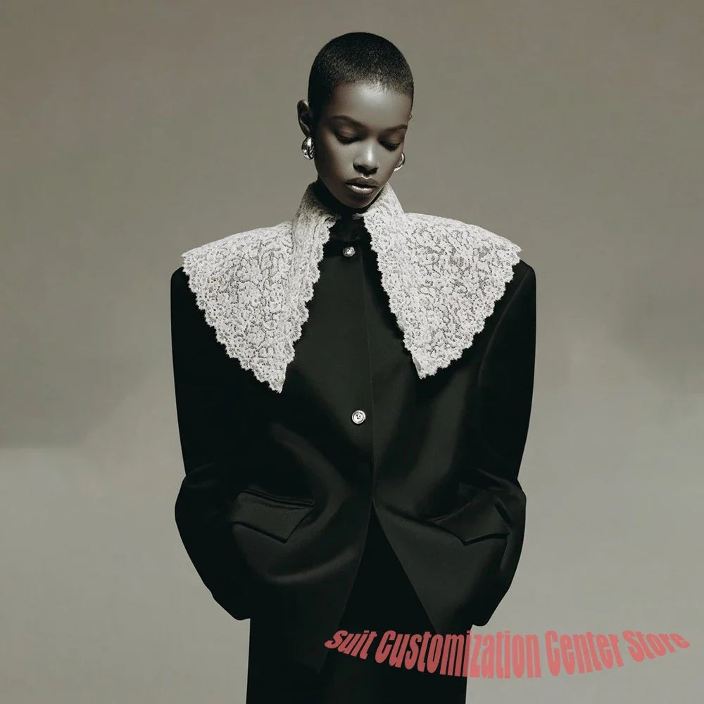 Black Women's Clothes Simple Two Piece Set Single Breasted Blazer with Statement Lace Peter Pan Collar Evening Party Outerwears
