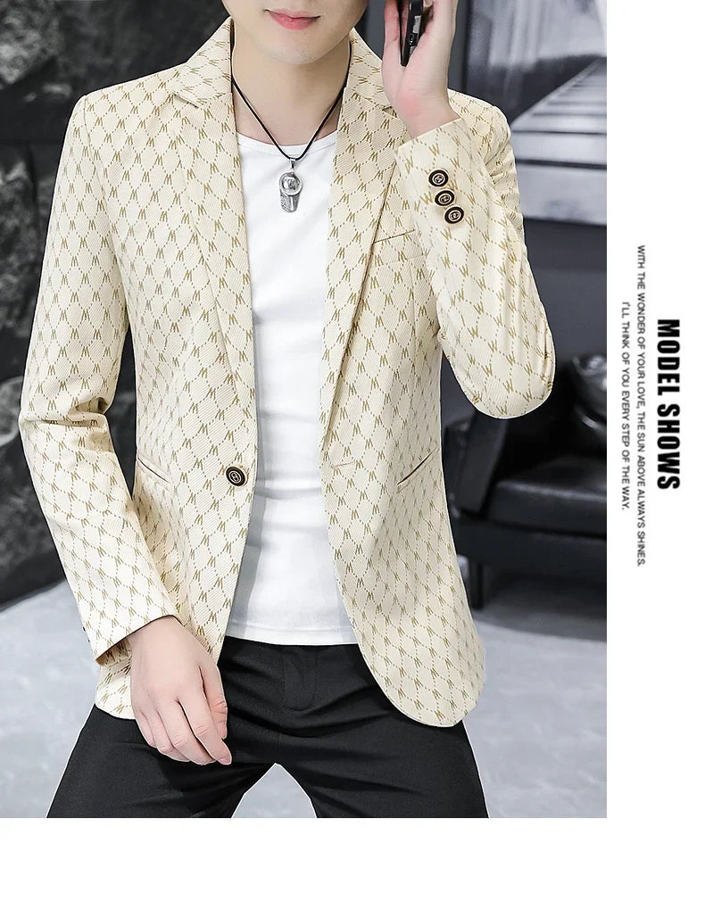 Korean Letter Print Men Blazers Brand 2024 Spring Casual Business Suit Jackets Slim Fit Street Wear Social Jacket Men Clothing