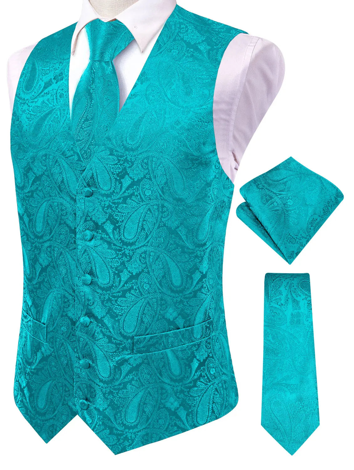 Men's Paisley Jacquard Suit Vest – V-Neck 6-Button Waistcoat with Tie & Pocket Square for Weddings
