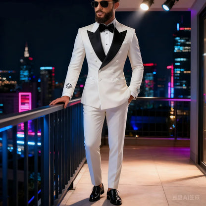 Ensemble décontracté 2 pièces pour homme avec blazer à revers blanc et pantalon noir Costume de mariage pour témoins pour cérémonie et fête