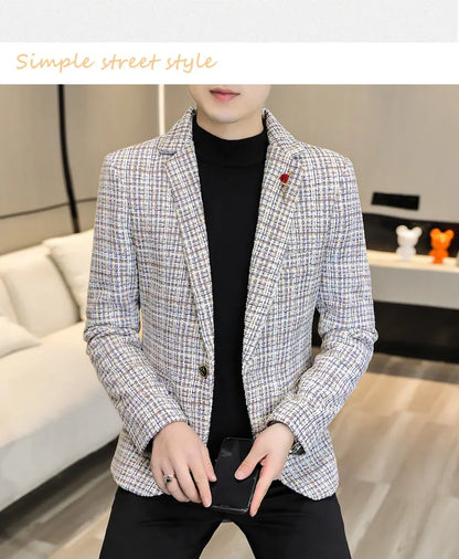 Korean Fashion Woven Suit Jacket for Men Autumn Slim Fit Casual Men Blazers Street Wear Social Business Dress Coats Men Clothing