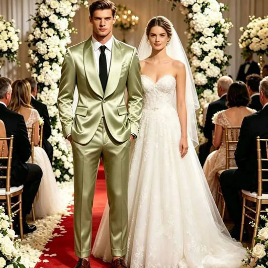 Men's Satin Suit 2-Piece Slim Fit Shawl Lapel Tuxedo for Wedding & Formal Events