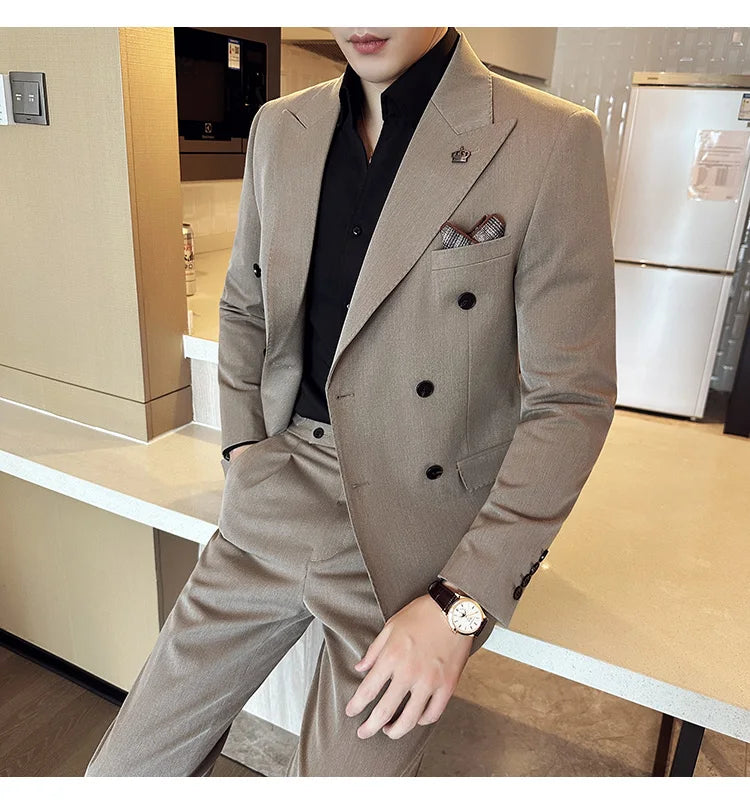 (Blazer + Trousers) Fashion Double Breasted Design Slim Men's Suit Italian Style Luxury Wedding Social Party Tuxedo 2 Piece Set
