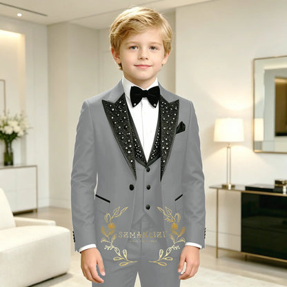 Classic Suits for Boys Black Crystals 3-Piece Fashion Stylish Boy's Tuxedo Formal For Party Outfit For Kids Blazer Vest Pant
