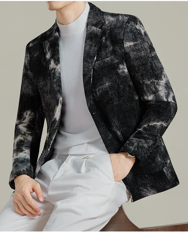 Autumn Korean Slim Fit Suit Jacket for Men Tie Dye Chenille Fashion Casual Suit Jacket Warm Business Social Formal Men Blazers