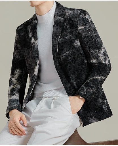Autumn Korean Slim Fit Suit Jacket for Men Tie Dye Chenille Fashion Casual Suit Jacket Warm Business Social Formal Men Blazers