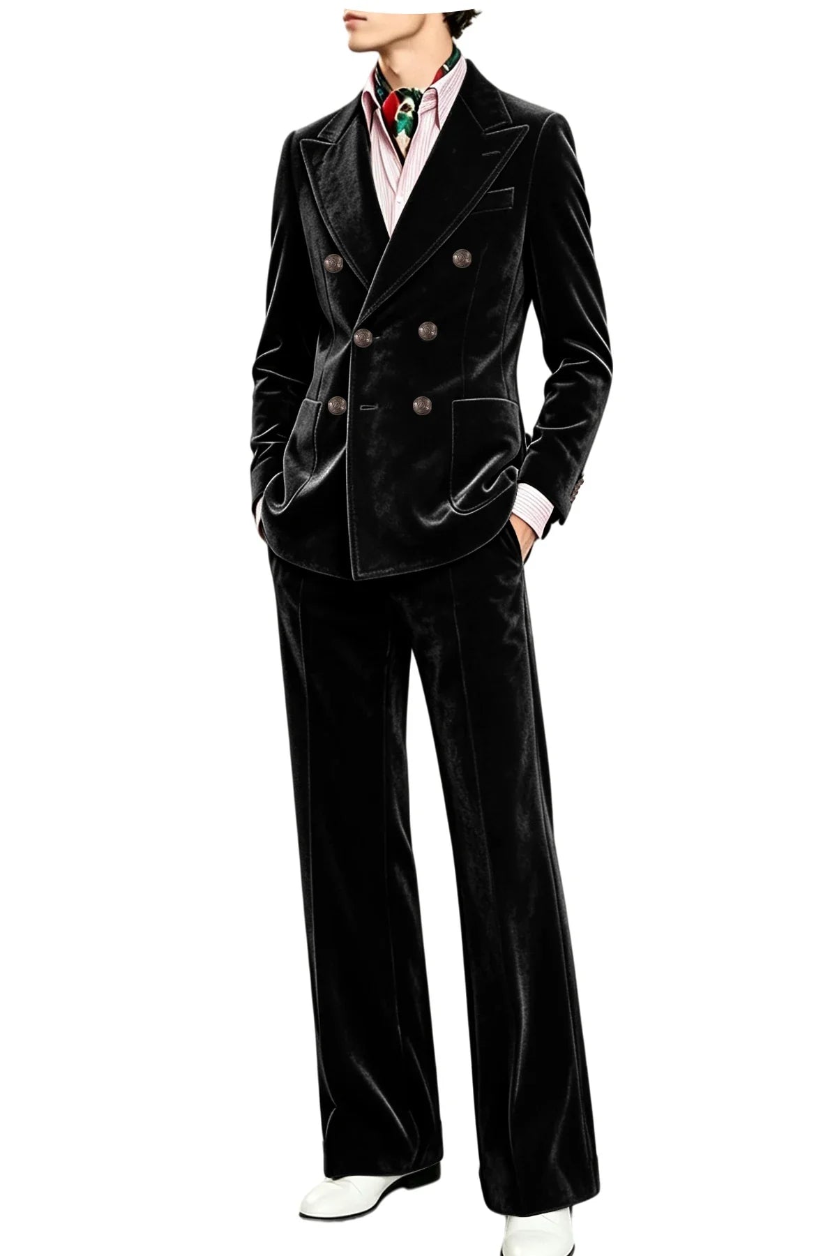Men's Velvet Suit 2 Piece Double Breasted Peak Lapel Blazer & Straight Leg Pants for Formal & Wedding