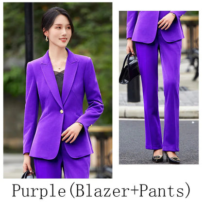 Office Ladies Formal Pant Suit 2 Piece Set Women Green Khaki Red Female Long Sleeve Business Work Wear Blazer Jacket And Trouser