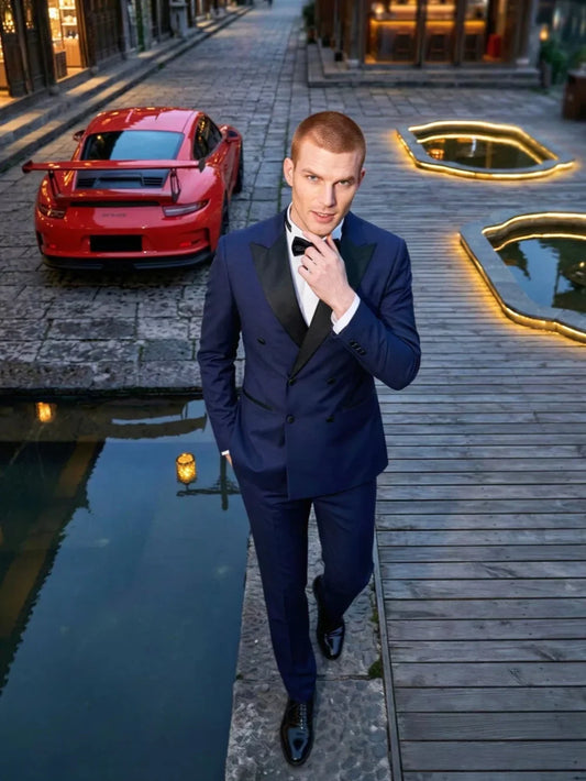 Men's Blue Slim Fit Suit Set 2 Pieces Business Outfit Double Breasted Long Sleeve Tuxedo Wedding Groom Sets High Quality Suits