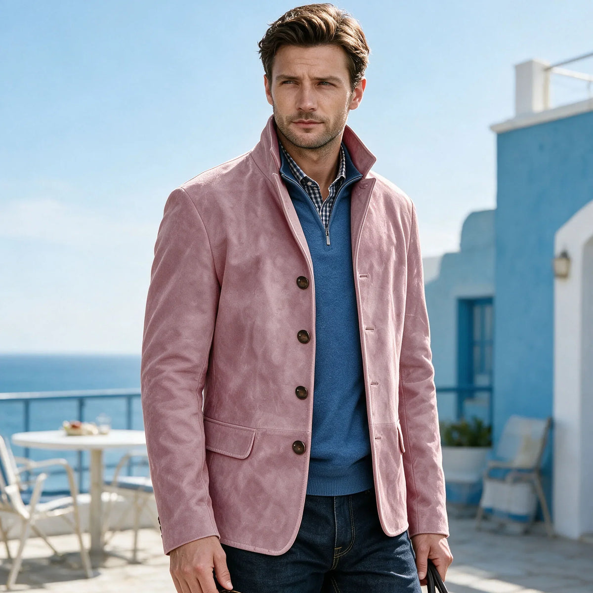 Men's Suede Blazer Single Breasted Slim Fit Classic Stand Collar Suit Jacket for Weddings & Daily Wear