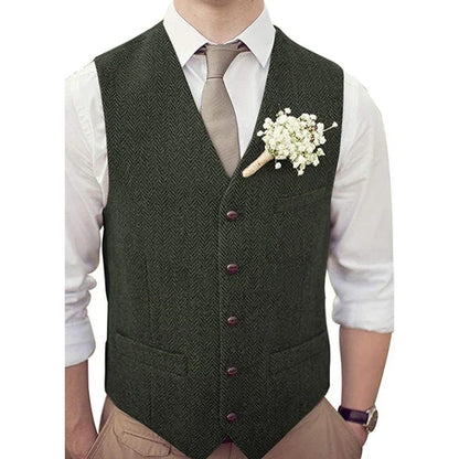 Men's Vest Herringbone V-Neck Single Button Waistcoat for Wedding, Business & Casual Wear