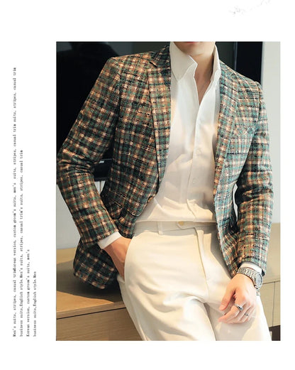British Style Plaid Woven Casual Suit Jacket for Men Slim Fit Business Social Dress Coats Wedding Party Banquet Office Blazers