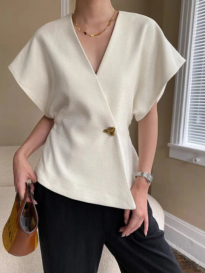 Summer French Asymmetric Blazer Vest Coat Women Drop Shoulder Sleeve Waistcoat One Button Waist Slim Fashion White Top