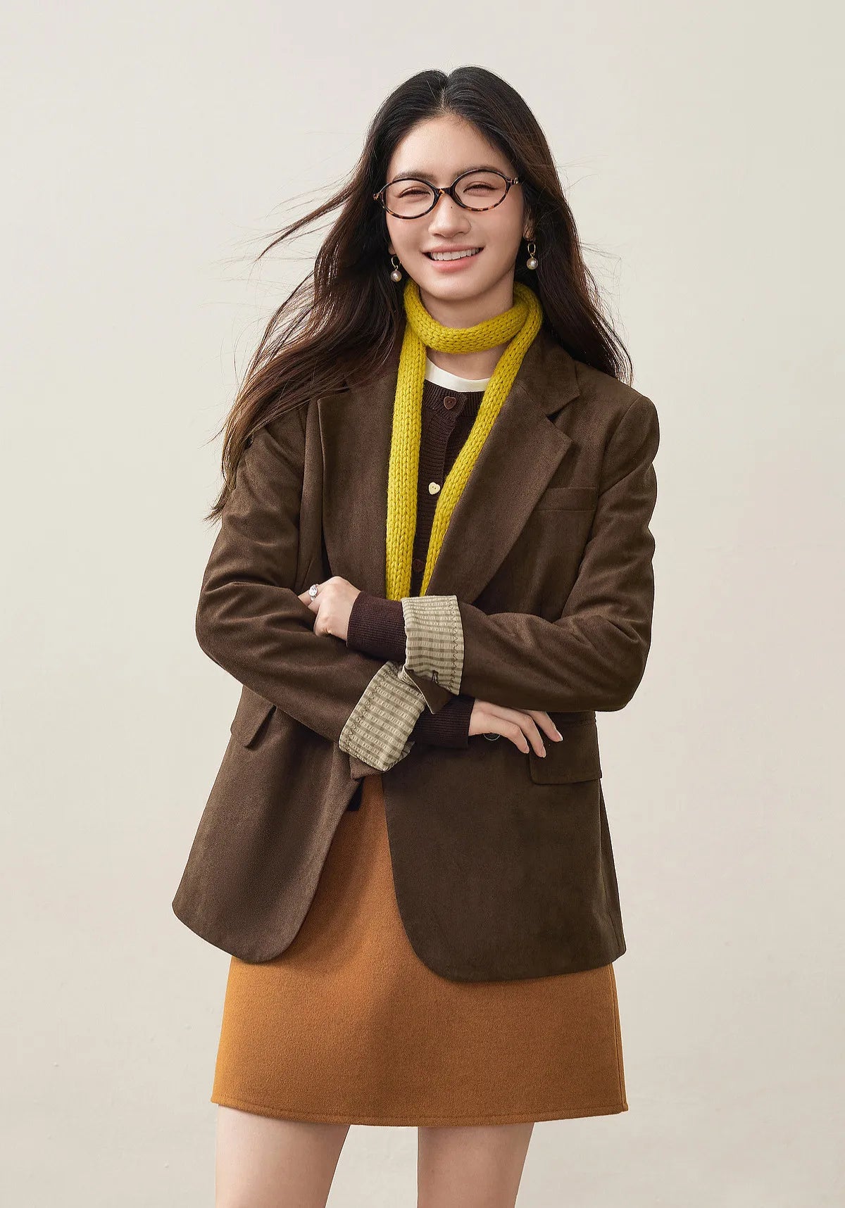 Women's Suede Casual Blazer Notched Lapel Loose Mid Length Outerwear 2026 Autumn New Brown Ladies Coat W63XC8300