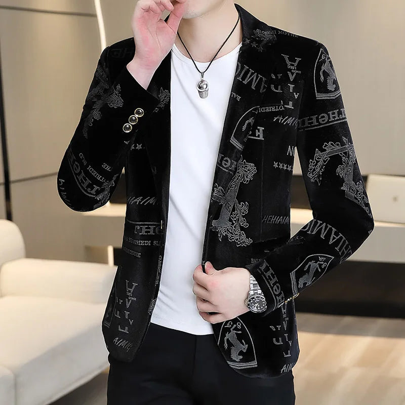 Brand Clothing Luxury Velvet Suit Jacket Men Fashion Bronzing Printed Blazer Masculino Slim Fit Casual Business Social Blazers