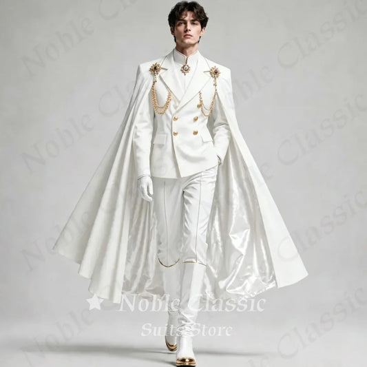 White 2 Pieces Suit Double Breasted Men Royal Cape Gold Chain Embellished Medieval Prince Blazer Pants Wedding Groom Customized