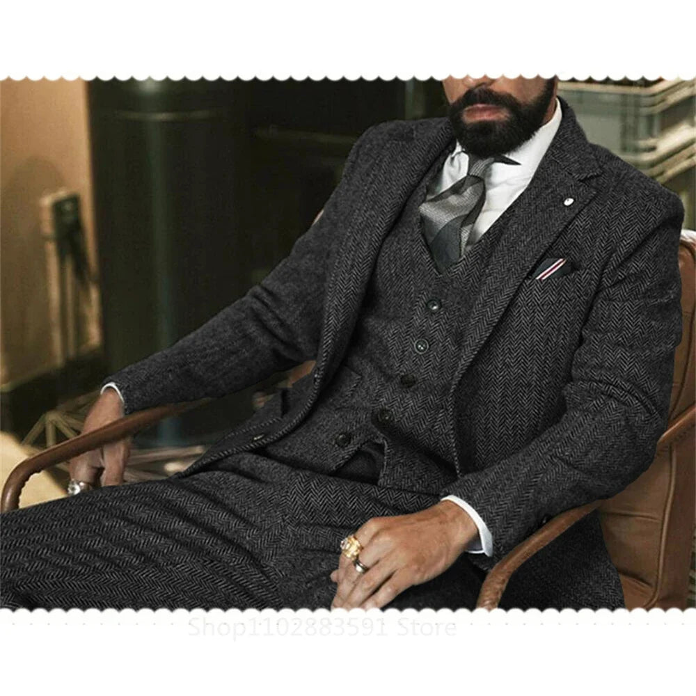 Costume de mariage 3 pièces homme (Veste + Gilet + Pantalon) en tweed de laine gris - Motif chevrons, formel, pour marié