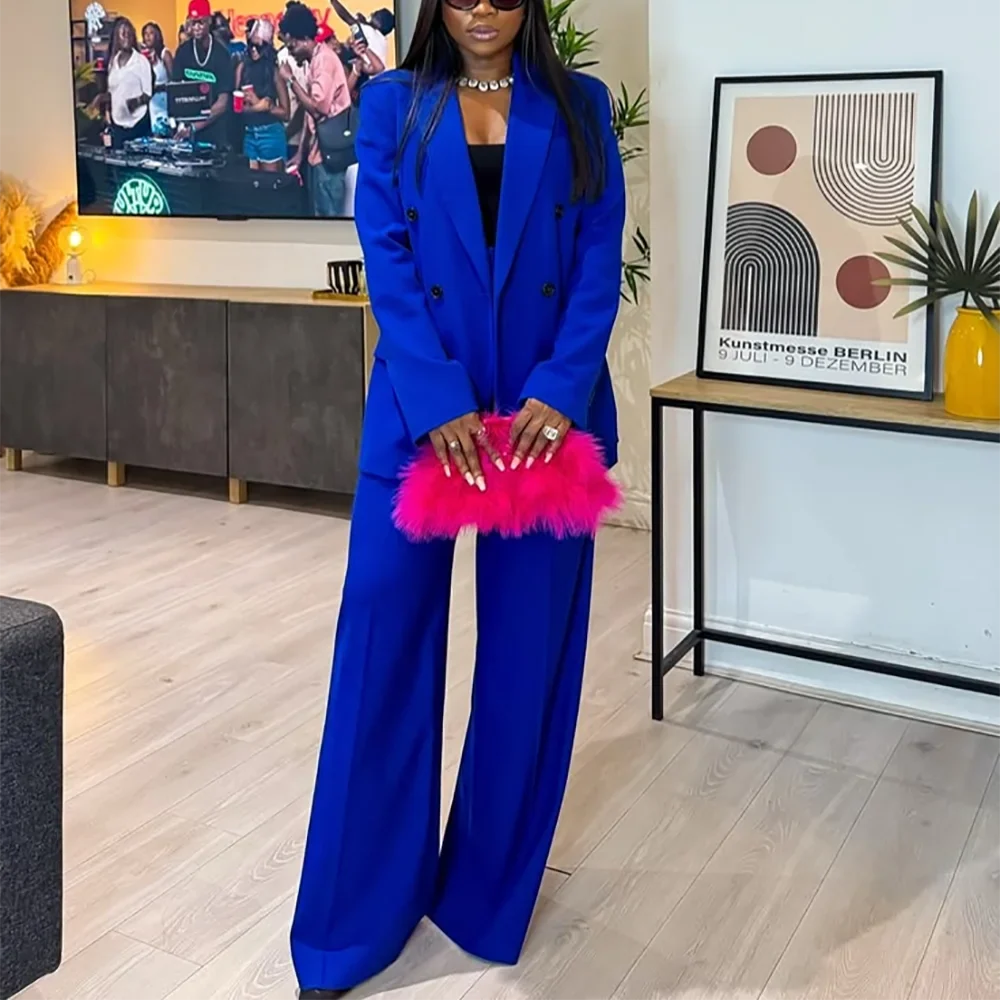 Royal Blue Double Breasted Women Suit Set Classic Fit Wide Leg Pants Formal Business Elegant Office Lady Two Piece Outfit Loose