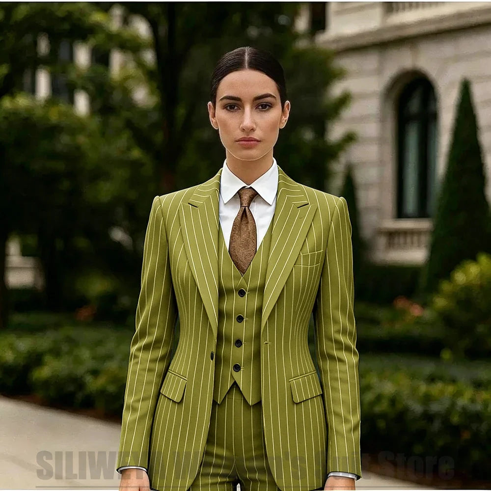 White Striped Women Suit 3 Piece Chic Peak Lapel One Button Blazer Vest Pants Formal Office Business Wedding Party Wear