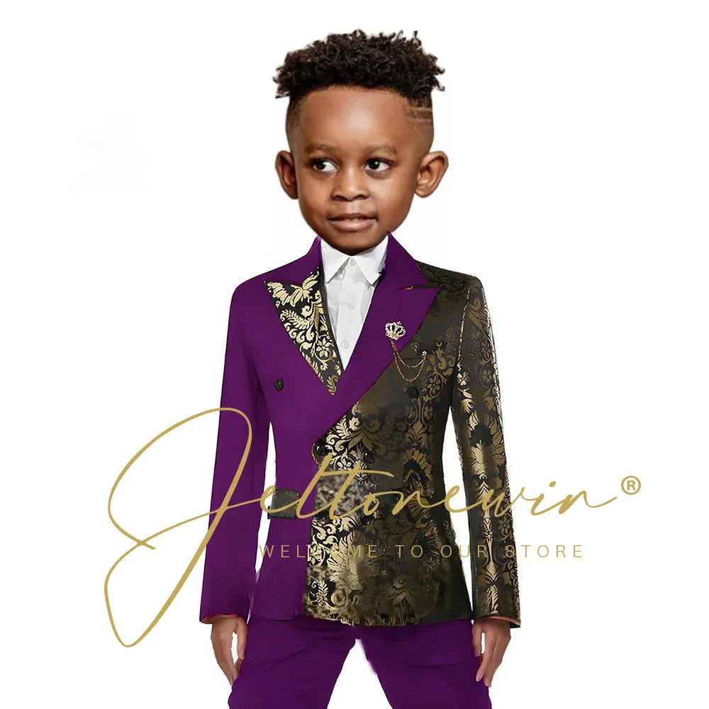 Black And Gold Floral Wedding Boys Suit Double Breasted Formal Kids Blazer Set Party Dress Child Tuxedo Jacket Pants 2 Piece Set