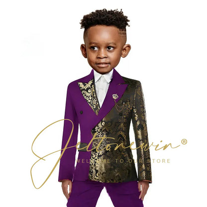 Black And Gold Floral Wedding Boys Suit Double Breasted Formal Kids Blazer Set Party Dress Child Tuxedo Jacket Pants 2 Piece Set